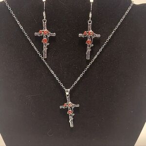 Elegant Cross With Red Rose Jewelry Set #1